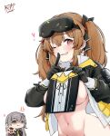  2girls ;d black_gloves black_jacket black_ribbon bottomless breasts brown_hair commentary covering_breasts covering_privates cropped_jacket english_commentary finger_to_mouth girls'_frontline girls'_frontline_2:_exilium gloves grin groin hair_between_eyes hair_ribbon hands_up head-mounted_display highres hip_focus ichinoyalab jacket large_breasts lenna_(girls'_frontline_2) leva_(girls'_frontline_2) long_hair multiple_girls navel no_bra one_eye_closed open_clothes open_jacket open_shirt pink_eyes ribbon shirt shushing smile solo_focus stomach twintails ump45_(girls'_frontline) ump9_(girls'_frontline) very_long_hair white_shirt 