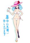  bikini blue_eyes blue_hair breasts drink front-tie_top full_body hand_on_hip happinesscharge_precure! hat highres hosshiwa looking_away medium_breasts onda_(wakiwacky) parted_lips pink_hat precure ringlets sandals short_hair side-tie_bikini solo swimsuit translation_request tropical_drink white_background white_bikini 