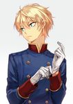  8c adjusting_clothes adjusting_gloves aldnoah.zero bad_id bad_pixiv_id formal gloves green_eyes highres male_focus military military_uniform silver_hair simple_background slaine_troyard solo uniform white_gloves 