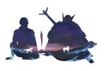  1boy 1girl brother_and_sister commentary double_exposure duchess_(elden_ring) elden_ring elden_ring_nightreign english_commentary helmet highres horse landscape rimyzipel siblings silhouette sitting sky star_(sky) sword weapon white_background winged_helmet wylder_(elden_ring) 