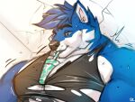  4:3 anthro big_muscles big_pecs black_clothing black_topwear blue_body blue_fur blue_hair bust_portrait canid canine clothed clothing drinking fur glistening glistening_eyes green_eyes hair huge_muscles huge_pecs inner_ear_fluff male male_anthro mammal messy_hair mouth_closed muscular muscular_anthro muscular_male pecs portrait short_hair signature solaxe_(artist) solo topwear torn_clothing torn_topwear tuft white_body white_fur white_inner_ear_fluff 