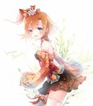  backlighting bare_shoulders blue_eyes brown_hair chinese_clothes detached_sleeves floral_print flower frills hair_flower hair_ornament hair_ribbon happy_birthday kieta kousaka_honoka light_brown_hair long_sleeves love_live! love_live!_school_idol_project one_side_up open_mouth ribbon skirt smile solo thigh_ribbon thighhighs white_legwear wide_sleeves zettai_ryouiki 