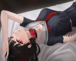  1girl absurdres belt_collar black_hair black_serafuku breasts chisa_(wuthering_waves) collar collarbone commentary commonalty highres long_hair looking_at_viewer lying medium_breasts midriff_peek neckerchief on_back open_mouth pleated_skirt red_eyes red_neckerchief revision sailor_collar school_uniform serafuku skirt tacet_mark_(wuthering_waves) teeth wuthering_waves 