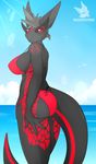  beach bikini black_skin blue_sky breasts butt dragon drakeraynier female grey_hair hair looking_at_viewer red_eyes red_skin seaside solo swimsuit 