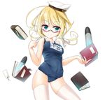  ahoge aqua_eyes asahi_(ge_nyu) blonde_hair blush book breasts covered_nipples glasses hat highres i-8_(kantai_collection) kantai_collection looking_at_viewer medium_breasts name_tag one-piece_swimsuit school_swimsuit semi-rimless_eyewear short_hair smile solo swimsuit thighhighs under-rim_eyewear white_background white_legwear 