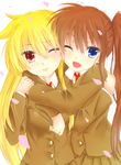  2girls artist_request blonde_hair blue_eyes brown_hair cheek-to-cheek fate_testarossa happy hug long_hair looking_at_viewer lyrical_nanoha mahou_shoujo_lyrical_nanoha mahou_shoujo_lyrical_nanoha_a&#039;s mahou_shoujo_lyrical_nanoha_a's multiple_girls one_eye_closed open_mouth petals ponytail red_eyes sakura_petals school_uniform smile takamachi_nanoha uniform very_long_hair yuri 