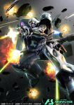  commentary_request copyright_logo copyright_name copyright_notice debris explosion firing geara_zulu glowing glowing_eyes gun gundam gundam_arsenal_base gundam_unicorn holding holding_gun holding_weapon igaraigara logo mecha mecha_focus mobile_suit neo_zeon no_humans one-eyed pink_eyes robot science_fiction solo space thrusters weapon 