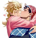  2boys arm_around_shoulder arms_up black_hair blonde_hair blue_shirt blush braid brown_eyes closed_eyes closed_mouth commentary earrings eyelashes giorno_giovanna guido_mista hair_rings hat heart highres jewelry jojo_no_kimyou_na_bouken kiss kissing_cheek long_hair long_sleeves male_focus multiple_boys patterned_clothing piercing pink_shirt shirt simple_background single_braid smile stud_earrings symbol-only_commentary vento_aureo white_background yaoi zu_okr 