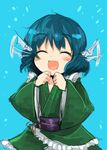  blue_background blue_hair blush clenched_hands closed_eyes ear_twitch happy harusame_(unmei_no_ikasumi) head_fins japanese_clothes kimono long_sleeves obi open_mouth sash short_hair smile solo touhou wakasagihime wide_sleeves 
