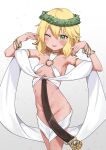  1girl absurdres arms_up blonde_hair blush bracelet breasts celestine_lucullus celestine_lucullus_(cosplay) commentary commission cosplay cowboy_shot english_commentary green_eyes head_wreath highres idolmaster idolmaster_cinderella_girls jewelry kuroinu_~kedakaki_seijo_wa_hakudaku_ni_somaru~ looking_at_viewer merlt multiple_bracelets no_panties o-ring o-ring_top one_eye_closed open_mouth pixiv_commission revealing_clothes sakurai_momoka short_hair small_breasts solo standing 