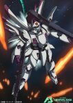  assault_visor beam_rifle blue_visor card_(medium) commentary_request copyright_logo copyright_name copyright_notice crossbone_vanguard energy_gun gorou_(pixiv3249935) gundam gundam_arsenal_base gundam_f91 logo mecha mecha_focus mobile_suit no_humans official_art robot space vigna_ghina weapon 