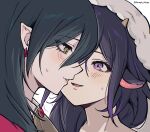  2girls animal_ears black_hair blush close-up commentary_request danganronpa_(series) danganronpa_v3:_killing_harmony earrings ewa_(seraphhuiyu) eyelashes flipped_hair genderswap genderswap_(mtf) hair_between_eyes hair_over_shoulder highres hood hood_up horns imminent_kiss jewelry long_hair multiple_girls oma_kokichi parted_lips pink_lips pointy_ears portrait profile purple_eyes purple_hair saihara_shuichi sheep_ears sheep_horns slit_pupils smile sweat twitter_username white_background yellow_eyes yuri 