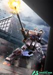  building cannon cloud cloudy_sky commentary_request copyright_logo copyright_name copyright_notice firing green_eyes ground_gundam gundam gundam_08th_ms_team gundam_arsenal_base holding_cannon igaraigara logo mobile_suit no_humans official_art outdoors robot science_fiction sky solo standing standing_on_one_leg v-fin 
