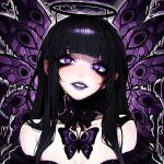  1girl @_@ bare_shoulders black_collar black_hair black_halo blunt_bangs breasts bug butterfly collar commentary english_commentary extra_eyes eyes_on_wings halo lips lipstick long_hair looking_at_viewer makeup medium_breasts melting_halo mole mole_on_shoulder mole_under_mouth original portrait purple_background purple_butterfly purple_eyes purple_lips solo teyoid wings 