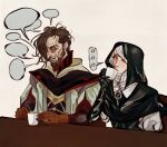  ... 1boy black_capelet black_gloves black_hood c0nniption capelet commentary cup dress drinking elbow_gloves elden_ring elden_ring_nightreign english_commentary facial_hair gloves hair_over_one_eye highres looking_at_another monocle nun one_eye_closed open_mouth puffy_sleeves red_eyes robe scholar_(elden_ring) simple_background sitting speech_bubble table tea undertaker_(elden_ring) upper_body white_coif white_dress white_robe 