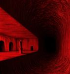  guru head highres horror_(theme) long_arms monochrome no_humans original red subway_station surreal traditional_media tunnel 