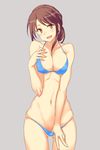  adjusting_clothes adjusting_swimsuit bikini bikini_pull blue_bikini blush breasts brown_eyes brown_hair coco_nesta cowboy_shot grey_background halterneck hand_on_own_chest idolmaster idolmaster_cinderella_girls large_breasts looking_at_viewer mifune_miyu navel open_mouth pulled_by_self simple_background solo swimsuit 