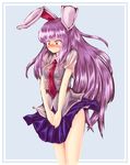  animal_ears bare_legs blush bra bunny_ears covering covering_crotch dress_shirt embarrassed full-face_blush highres kys_(k-k2) lingerie long_hair necktie nose_blush pleated_skirt purple_hair red_eyes red_neckwear reisen_udongein_inaba see-through shirt short_sleeves skirt solo touhou underwear very_long_hair wavy_mouth wet wet_clothes wet_shirt white_bra white_shirt 