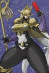  1girl armor black_bodysuit blue_background bodysuit breasts commentary_request cowboy_shot digimon digimon_(creature) facial_mark fox_mask gold_armor grey_hair highres large_breasts long_hair mas_square mask ofuda purple_lips sakuyamon solo staff 
