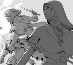  2girls asymmetrical_bangs boots capelet closed_mouth coif corset dagger duchess_(elden_ring) dynamic_pose elbow_gloves elden_ring elden_ring_nightreign flat_color frills gloves greyscale hair_bun high_collar high_heel_boots high_heels highres holding holding_pocket_watch hood irene_koh jewelry knife looking_to_the_side monochrome multiple_girls necklace official_alternate_costume pocket_watch three-quarter_sleeves undertaker_(elden_ring) upper_body watch weapon 