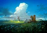  1girl basket blonde_hair blue_sky book book_on_lap cloud commentary_request day dog dress flower grass highres long_hair original outdoors reading scenery sitting sky solo white_dress windmill yoshida_seiji 