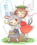  :3 animal_ears bow brown_hair capelet cat_ears cat_tail chen closed_eyes commentary dress ear_piercing fang gem grass grey_dress grey_hair hair_tousle hat heart ibaraki_natou jewelry long_sleeves mob_cap mouse mouse_ears mouse_tail multiple_girls multiple_tails nazrin necklace nekomata one_eye_closed open_mouth pendant piercing pink_eyes red_dress single_earring tail touhou translated tree_stump 