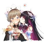  2girls @_@ bare_shoulders black_dress black_hair blue_eyes blush brown_hair closed_eyes columbina_(genshin_impact) commentary cup dress genshin_impact hand_on_another's_face heart holding holding_cup kiss kissing_cheek multiple_girls purple_streaks sandrone_(genshin_impact) shitake_bakudan shoulder_blush simple_background spilling spoken_heart tea teacup white_background white_dress yuri 