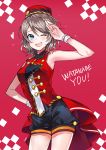  1girl ;d artist_name black_shorts blue_eyes character_name cowboy_shot grey_hair hand_on_hip hat heart hyugo looking_at_viewer love_live! love_live!_sunshine!! one_eye_closed open_mouth red_background red_hat salute short_hair short_shorts shorts sleeveless smile solo watanabe_you wrist_cuffs 