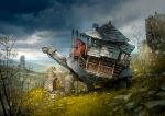  1other animal arch bare_tree bird book bookshelf bridle cloak cloud cloudy_sky commentary_request dandelion_seed flock fur-trimmed_cloak fur_trim grass grasslands highres hill holding holding_reins house island_turtle original outdoors overgrown oversized_animal path railing red_cloak red_hood reins ruins sky stairs string_of_flags tortoise tower tree turtle wooden_porch yoshida_seiji 