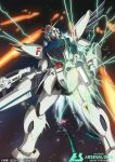  beam_rifle beam_shield card_(medium) commentary_request copyright_logo copyright_name copyright_notice earth_federation energy_gun f91_gundam gorou_(pixiv3249935) gundam gundam_arsenal_base gundam_f91 logo mecha mecha_focus mobile_suit no_humans official_art robot science_fiction space v-fin weapon 