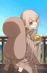  1girl :d blue_sky boots brown_eyes commentary_request day hair_between_eyes hood hood_down long_hair long_sleeves looking_at_viewer looking_back original outdoors railing shoe_soles sky smile solo squirrel_girl_(yuuhagi_(amaretto-no-natsu)) squirrel_tail standing standing_on_one_leg tail very_long_hair watermark yuuhagi_(amaretto-no-natsu) 