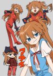  1girl :3 absurdres ben-day_dots blue_eyes brown_hair buttons commentary_request eyepatch fang grey_background hair_flip hands_in_pockets highres jacket long_hair mecha_pilot_suit neon_genesis_evangelion plugsuit_(evangelion) red_jacket red_ribbon ribbon school_uniform screentones shirt skirt souryuu_asuka_langley suspender_skirt suspenders tokyo-3_middle_school_uniform white_shirt yuateheng 