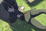 1girl :/ absurdres akts625 ammunition androgynous belt belt_buckle black_hair blue_eyes brown_belt buckle closed_mouth collared_shirt commentary day dress_shirt dual_wielding firefight flower graveyard green_jacket green_pants gun handgun highres holding holding_gun holding_weapon jacket kino_(kino_no_tabi) kino_no_tabi long_sleeves lying motion_blur on_back on_ground outdoors pants pump_action red_flower romaji_commentary shadow shirt short_hair shotgun shotgun_shell taking_cover tombstone trigger_discipline weapon weapon_request white_shirt yellow_flower 