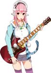  blush breasts electric_guitar guitar headphones highres hood hoodie instrument large_breasts long_hair looking_at_viewer mouth_hold nitroplus pink_hair pom_pom_(clothes) red_eyes s_sasaki_09140 smile solo super_sonico 