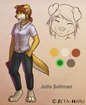  2014 ^_^ anthro breasts bust canine clothed clothing digitigrade dog eyes_closed female floppy_ears golden_retriever green_eyes hair hand_in_pocket julia_soliman mammal model_sheet necklace pants ponytail shirt smile zeta-haru 