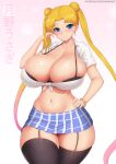  1girl amesuku_gyaru bishoujo_senshi_sailor_moon blonde_hair blue_eyes blush bra breasts cleavage commentary_request double_bun gyaru hair_bun highres huge_breasts kainkout kogal long_hair looking_at_viewer narrow_waist navel sailor_moon smile solo thick_thighs thighs tsukino_usagi underwear 