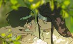 2boys bandages black_eyes black_hair blurry blurry_background blurry_foreground blush bowl_cut collarbone commentary_request eye_contact forehead_protector gauze gauze_on_shoulder hair_intakes hand_on_another's_face highres hyuuga_neji imminent_kiss konohagakure_symbol leaf long_hair looking_at_another m0_mo_momo male_focus multiple_boys naruto_(series) naruto_shippuuden open_mouth outdoors rock_lee white_eyes yaoi 