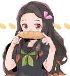  1girl adapted_costume baguette black_hair black_sailor_collar black_serafuku black_shirt bread bread_print colored_tips commentary_request contemporary covering_own_mouth food green_neckerchief hair_ribbon hands_up holding holding_bread holding_food jamir kamado_nezuko kimetsu_no_yaiba long_hair multicolored_hair neckerchief pink_eyes pink_ribbon ribbon sailor_collar school_uniform serafuku shirt short_sleeves solo upper_body 