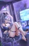  1girl absurdres black_jacket black_shorts breasts building chair chinese_commentary commentary_request crop_top cup drill_hair drill_ponytail feet fishnet_socks fishnets foot_dangle gaming_chair goggles goggles_on_head grey_eyes grey_hair handheld_game_console highres holding holding_handheld_game_console honkai:_star_rail honkai_(series) indoors jacket knees_up long_hair looking_at_viewer monitor night no_shoes purple-tinted_eyewear short_shorts shorts silver_wolf_(honkai:_star_rail) sitting skyscraper small_breasts socks soles solo swivel_chair thigh_strap thighs tinted_eyewear toes window ying_ling 