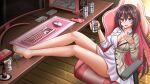  1girl :d asahi_breweries azki_(4th_costume)_(hololive) azki_(hololive) beer_can blush bow bow_bra bra brand_name_imitation breasts brown_hair brown_jacket can cellphone chair cleavage collarbone collared_dress commentary commission computer computer_keyboard computer_mouse computer_tower desk dress drink_can english_commentary food hair_between_eyes hair_intakes highres holding holding_can hololive indoors jacket kazenokaze long_hair medium_breasts microphone mole mole_under_eye monitor multicolored_hair nose_blush office_chair on_chair phone pink_bra pink_hair plaid_clothes plaid_jacket pocky purple_eyes sitting smile solo swivel_chair two-tone_hair underwear very_long_hair virtual_youtuber white_dress wooden_floor 
