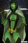  breasts facepaint gamora gloves green_hair green_skin guardians_of_the_galaxy lips long_hair navel nesoun slingshot_swimsuit solo space swimsuit sword weapon 