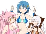  ;) bad_id bad_pixiv_id bikini bikini_top blue_eyes blue_hair bottle bow closed_eyes hair_bow kaname_madoka long_hair mahou_shoujo_madoka_magica mahou_shoujo_madoka_magica_movie miki_sayaka momoe_nagisa multiple_girls oman_(evld) one_eye_closed pink_hair ponytail short_hair smile swimsuit ultimate_madoka white_hair yellow_eyes 