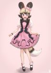  1girl african_wild_dog_(kemono_friends) alternate_costume animal_ears black_hair blonde_hair blush bow bowtie bracelet dog_ears dog_tail dress dress_bow eyebrows_visible_through_hair frilled_legwear full_body hair_bow highres jewelry kemono_friends light_brown_hair multicolored_hair open_mouth puffy_short_sleeves puffy_sleeves short_hair short_sleeves socks solo tail takami_masahiro 