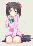  :t bag between_legs black_hair black_legwear blush bow cardigan hair_bow love_live! love_live!_school_idol_project no_shoes otonokizaka_school_uniform pout red_eyes school_bag school_uniform short_twintails sitting socks solo twintails ueshita wariza yazawa_nico 