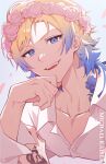  1boy blonde_hair blue_eyes blue_hair blue_lock character_name collarbone collared_shirt crown_tattoo flower_tattoo gradient_hair hand_on_own_face hand_tattoo head_wreath looking_at_viewer lvemhrd male_focus michael_kaiser multicolored_hair petals shirt short_hair smile solo tattoo two-tone_hair white_shirt 