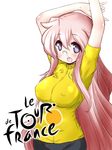  arms_up bicycle bike_jersey bike_shorts breasts covered_nipples glasses ground_vehicle large_breasts long_hair lucky_star mizushima_(p201112) pink_hair purple_eyes takara_miyuki tour_de_france 