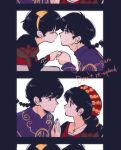 1boy 1girl alternate_costume black_hair braid closed_mouth commentary_request couple cross cross_necklace hairband hat hetero highres holding_hands imminent_kiss jewelry long_hair looking_at_another multi-tied_hair necklace parted_lips purple_shirt ranma_1/2 red_hat saotome_ranma shirt short_hair single_braid tendou_akane tori_(runrunpiia) twitter_username white_background yellow_hairband 