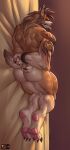 anthro back_muscles bound brown_body brown_fur brown_hair butt clenched_teeth fur hair hi_res hyena looking_at_viewer looking_back looking_back_at_viewer lying male mammal muscular muscular_anthro muscular_male nexus nude nude_anthro nude_male on_side solo tail teeth