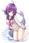  black_bra bottomless bra kantai_collection long_hair looking_at_viewer pink_eyes purple_hair school_uniform see-through serafuku shimokirin shirt smile solo taigei_(kantai_collection) underwear water wet wet_clothes wet_shirt 