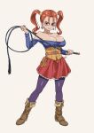  1girl adapted_costume bare_shoulders boots breasts brown_boots cleavage commentary_request corset dragon_quest dragon_quest_viii earrings full_body h4sh1rnoto hands_up highres holding holding_whip jessica_albert jewelry large_breasts looking_at_viewer metal_hair_tubes off-shoulder_shirt off_shoulder orange_hair pantyhose purple_pantyhose purple_shirt red_eyes red_skirt shirt skirt smile solo sphere_earrings standing twintails 
